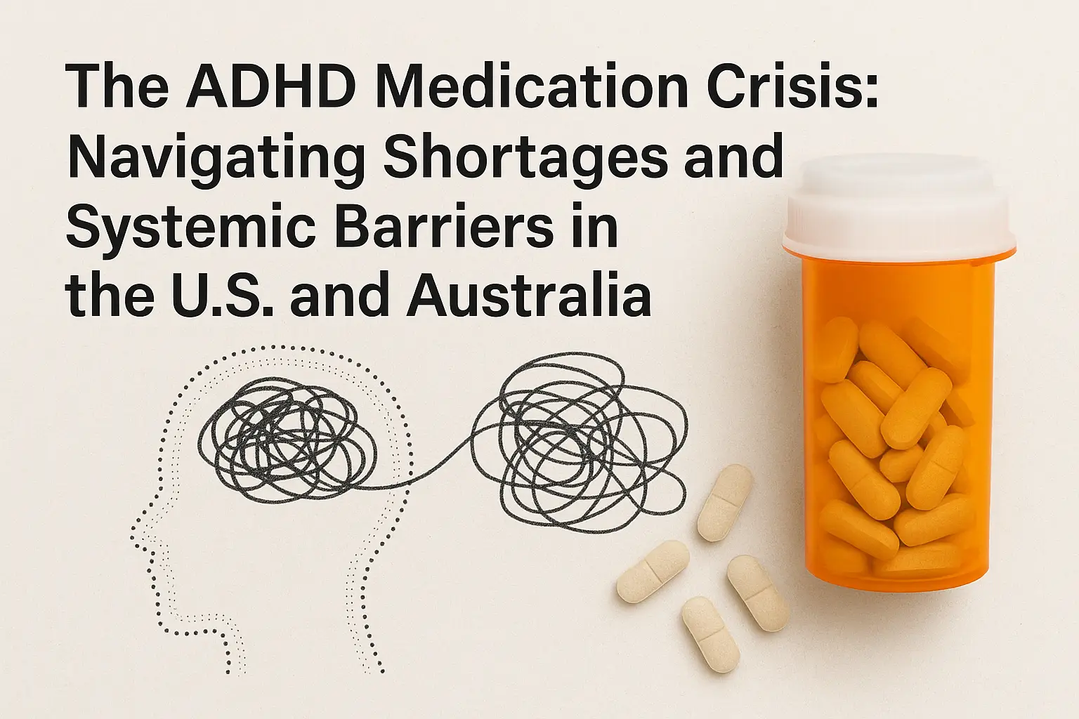 Illustration of the ADHD medication crisis featuring a tangled scribble inside a human head silhouette, symbolizing mental distress, connected to a messy line leading to an orange pill bottle filled with yellow tablets. Text on the image reads: “The ADHD Medication Crisis: Navigating Shortages and Systemic Barriers in the U.S. and Australia.” Beige background with scattered pills emphasizes healthcare disruption.