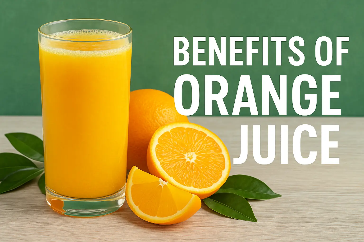 A glass of orange juice with fresh oranges and green leaves beside it, with a list of health benefits including "Rich in Vitamin C," "Supports Heart Health," "High in Antioxidants," and "May Improve Digestion."