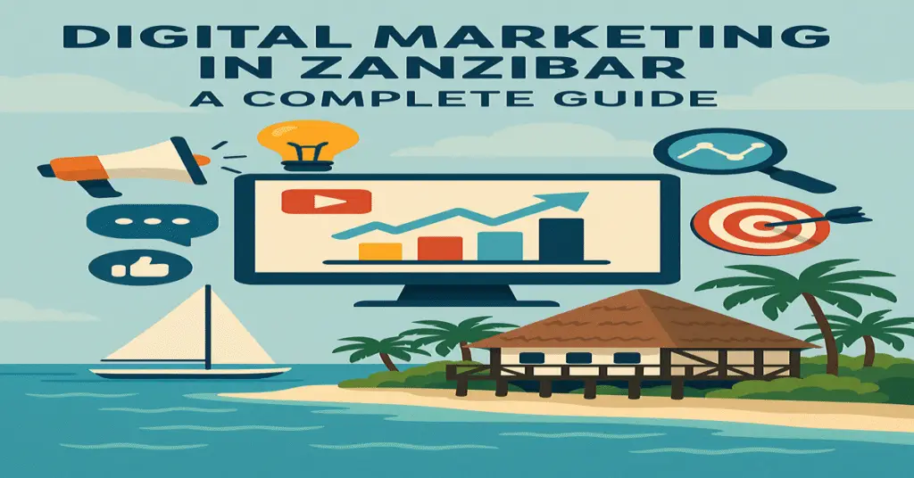 Digital marketing icons with Zanzibar island background.