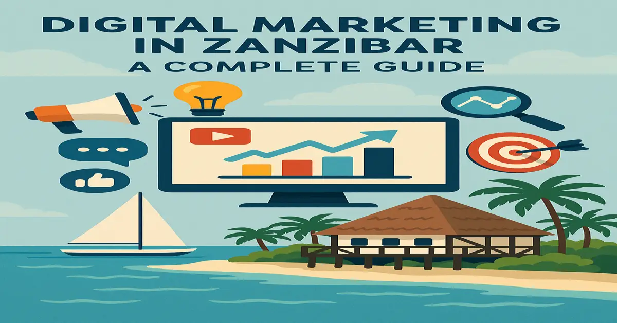 Digital marketing icons with Zanzibar island background.