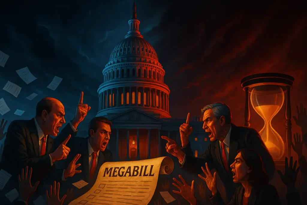 Illustration of the U.S. Capitol at night surrounded by senators in heated debate, voting ballots, and a large scroll labeled ‘Megabill,’ with dramatic red and blue lighting and a glowing hourglass symbolizing urgency during the vote-a-rama process.