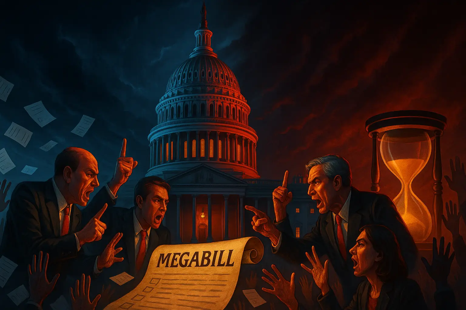 Illustration of the U.S. Capitol at night surrounded by senators in heated debate, voting ballots, and a large scroll labeled ‘Megabill,’ with dramatic red and blue lighting and a glowing hourglass symbolizing urgency during the vote-a-rama process.