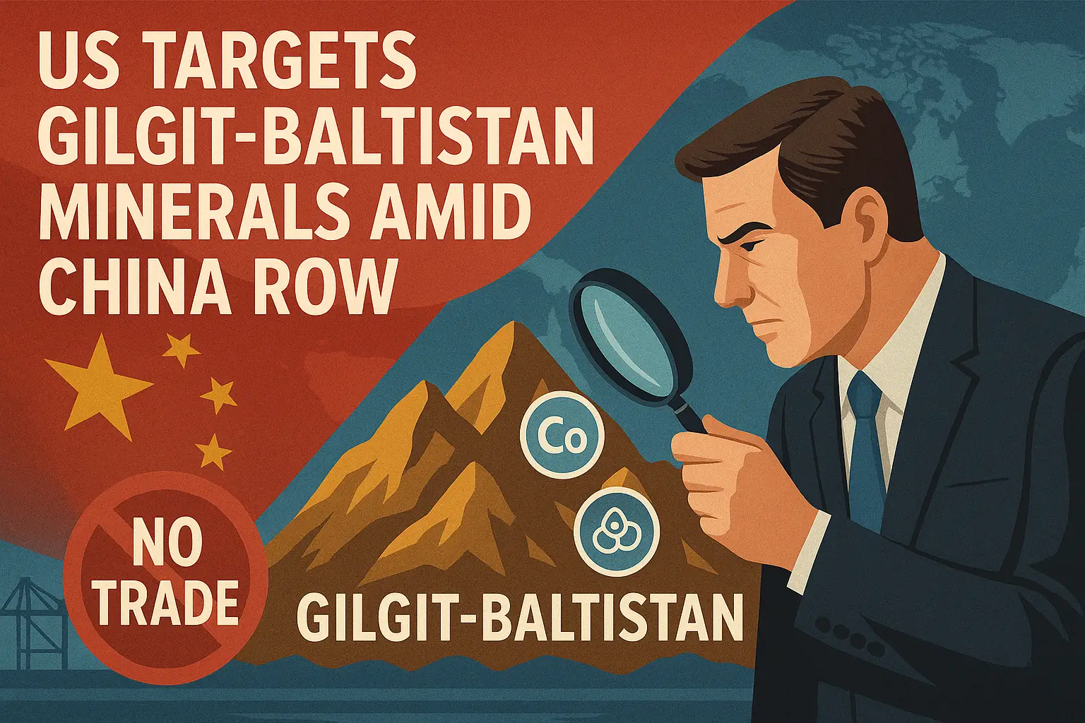Illustration of a U.S. official inspecting rare minerals in Gilgit-Baltistan with a magnifying glass, amid a China "No Trade" backdrop and geopolitical tension.