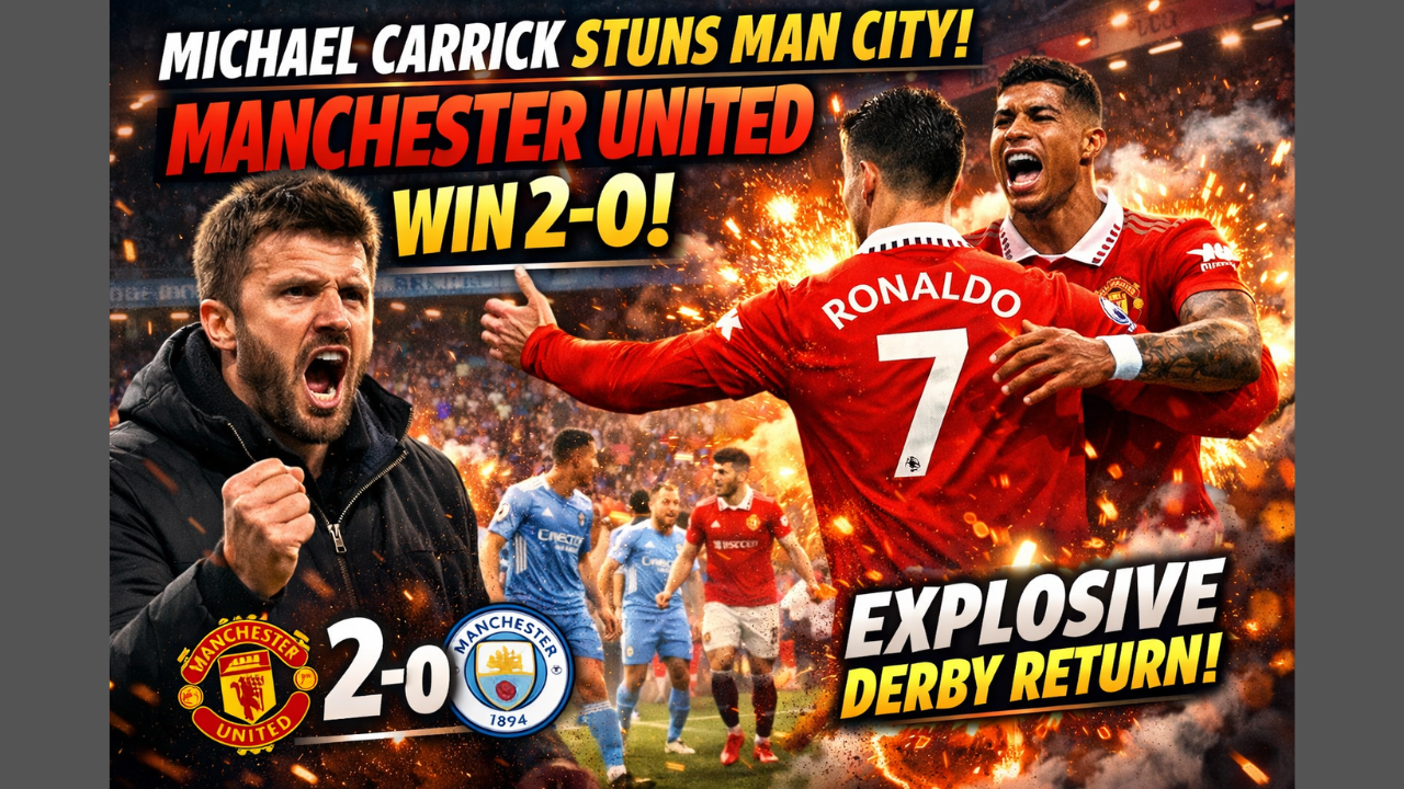 Thumbnail for Manchester United vs Manchester City match blog showing manager Michael Carrick celebrating a 2-0 victory. Features images of goalscorers Bryan Mbeumo and Patrick Dorgu celebrating. Text overlays read 'Carrick's Dream Start' and 'Man Utd 2-0 Man City'.